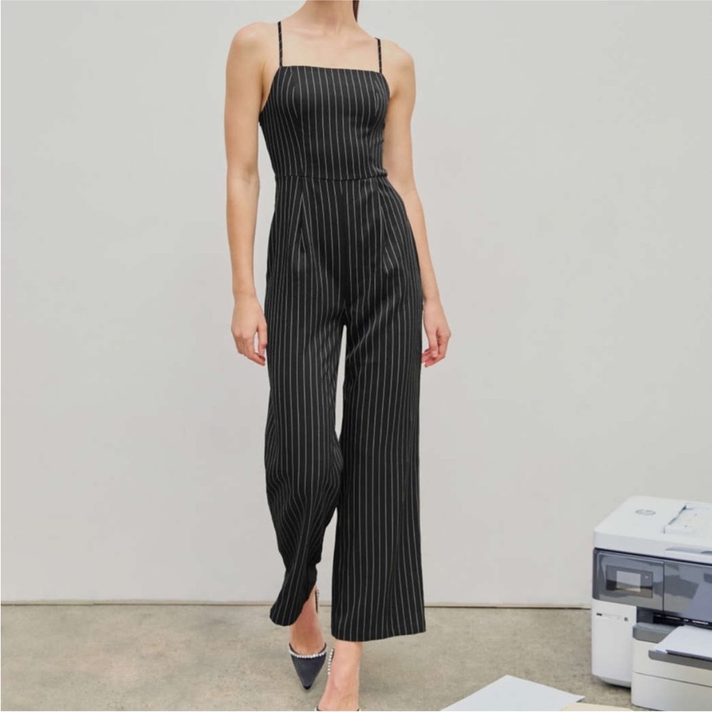 (5/$20) Forever 21 Dark Green Pinstripe Jumpsuit with Wide-Leg Silhouette